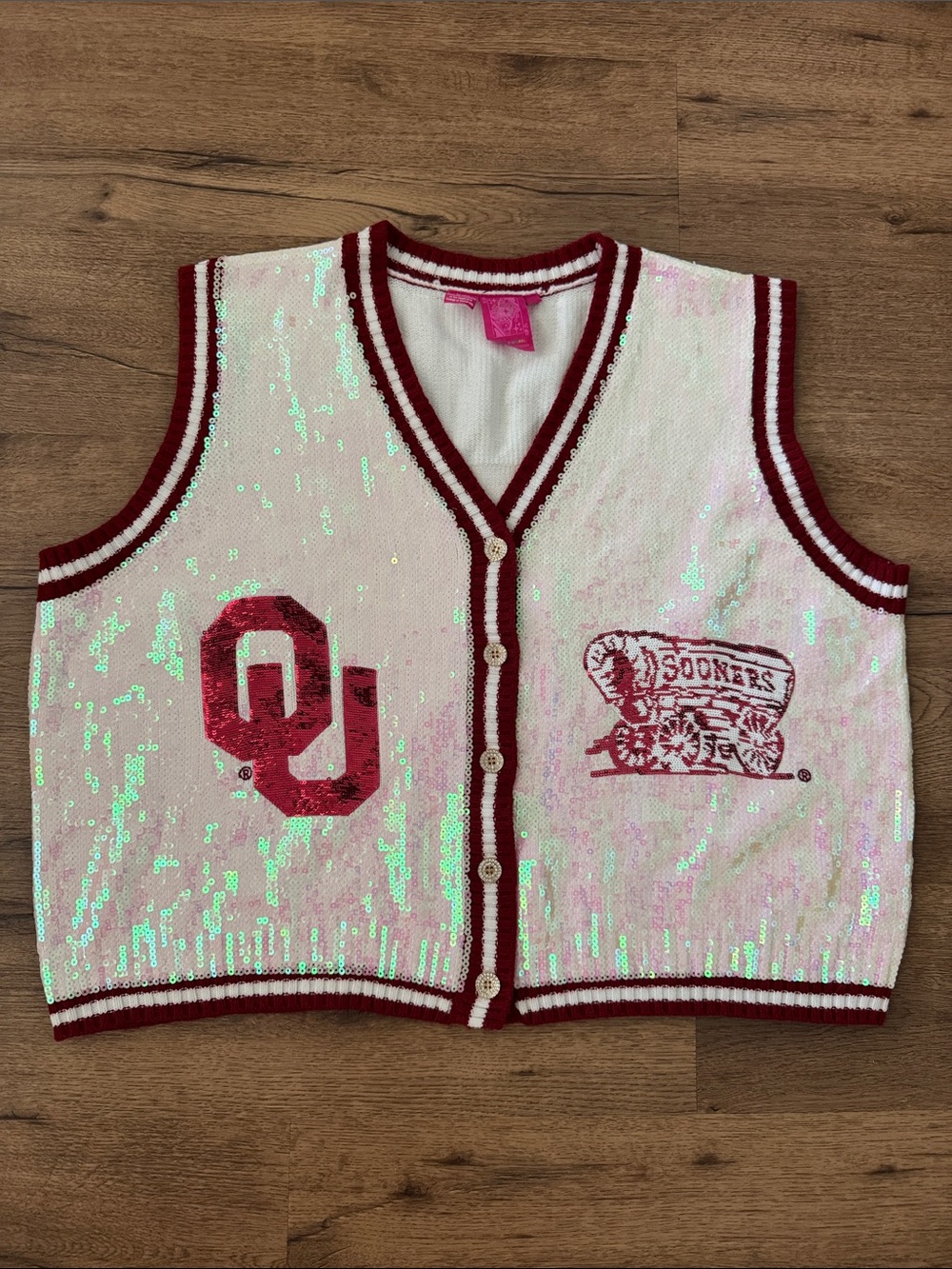 Queen of Sparkles OU Sequin V-Neck Sleeveless Sweater Vest in White & Crimson